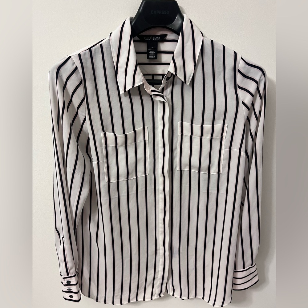White House Black Market Pink White and Black Striped Button Down Shirt